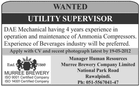 Utility Supervisor Required at Brewery Company
