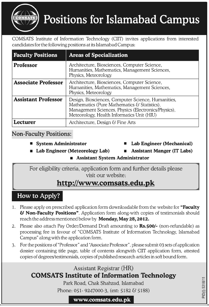 Teaching Faculty and Non-Teaching Faculty Required at CIIT COMSATS