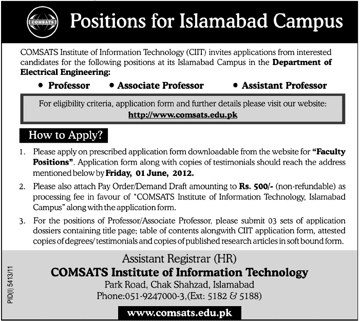 Faculty Staff Required at COMSATS