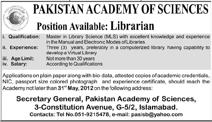 Librarian Required at Pakistan Academy of Sciences
