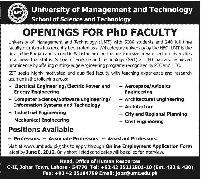 Teaching Staff Required at University of Management and Technology