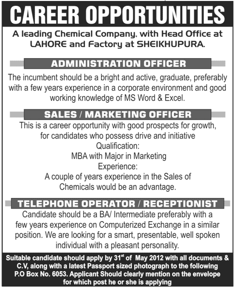 A Leading Chemical Company Required Staff