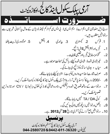 Teachers Required at Army Public School & College