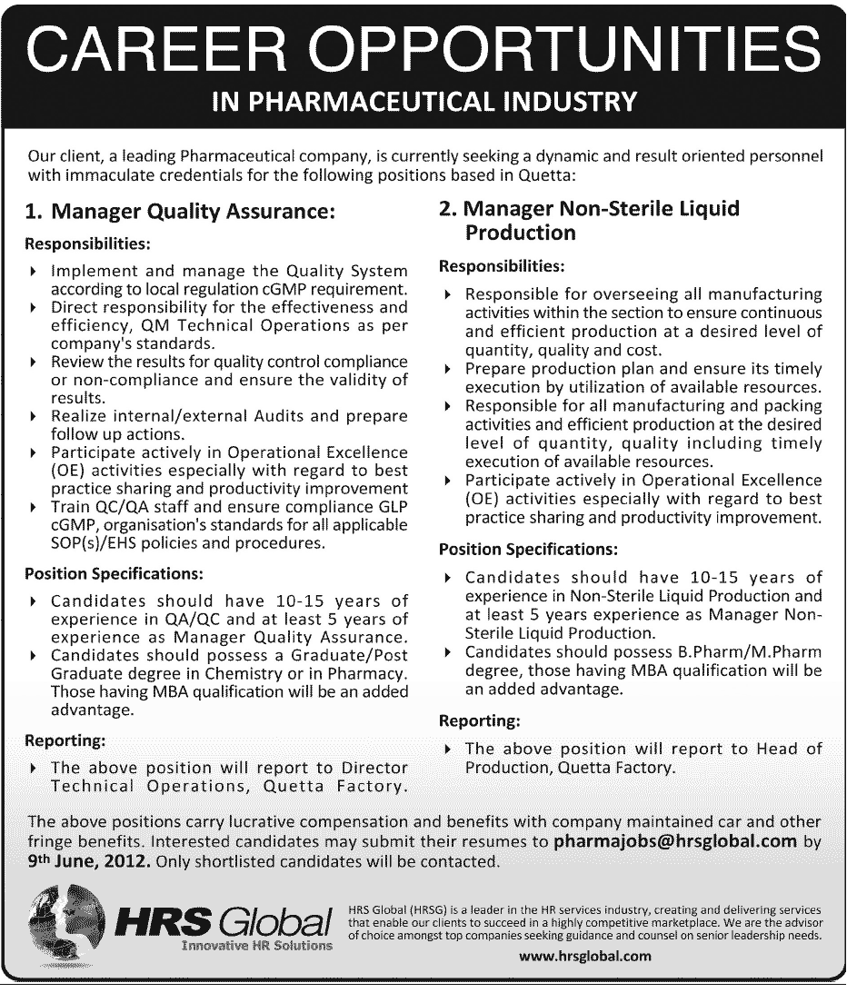 Management Jobs at Pharmaceutical Industries