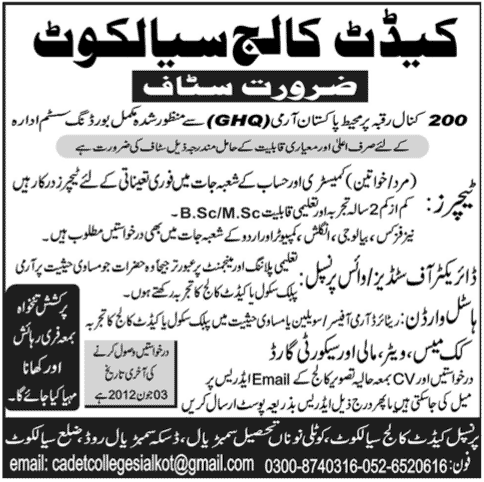 Teachers and Non-Teaching Staff Required at Cadet College