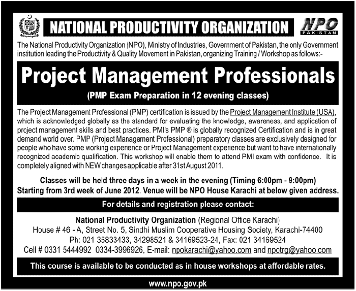 Project Management Professionals Required by National Productivity Organization