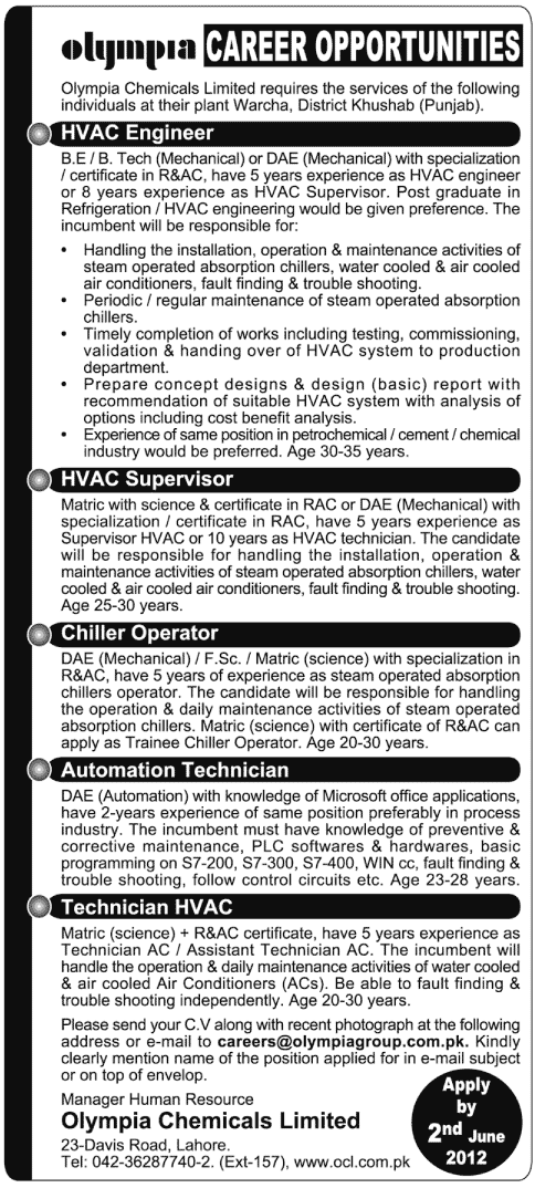 Olympia Chemicals Limited Required Engineering Staff