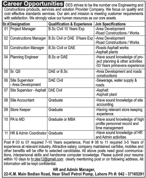 Jobs at DES Construction Products, Services and Solution Provider Company