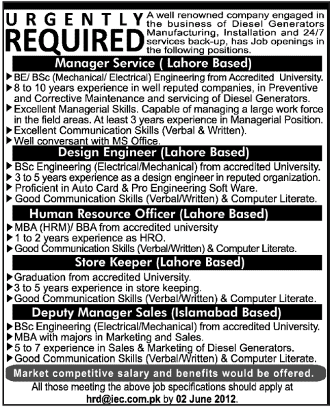 Engineering Staff Required by Diesel Manufacturing Company