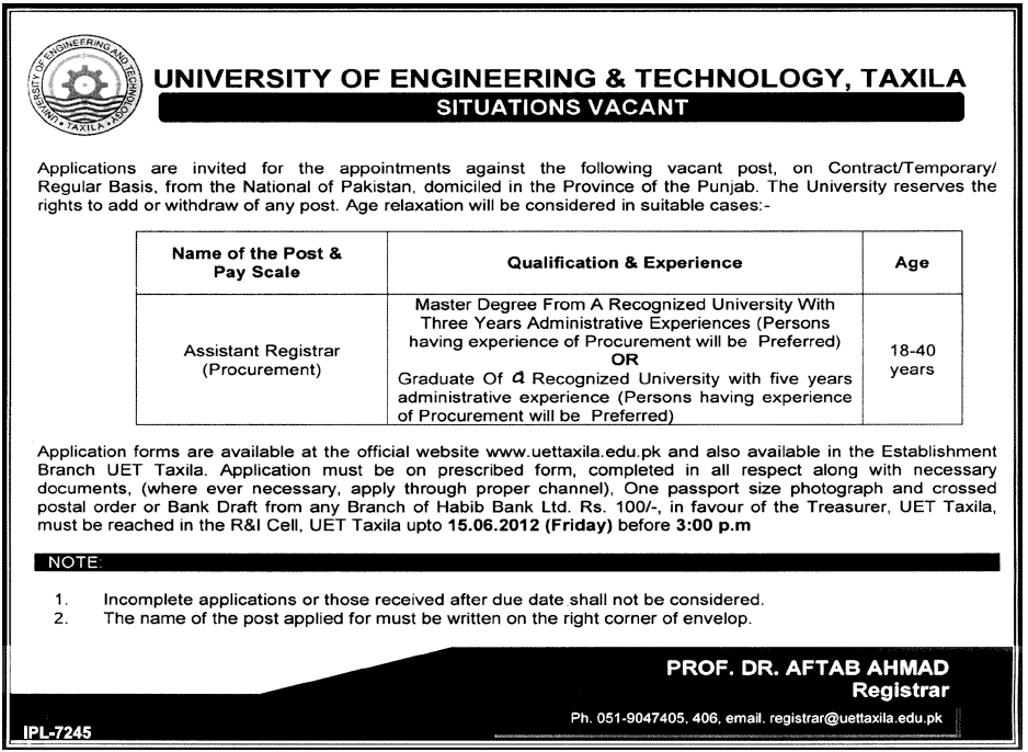 Assistant Registrar Required at University of Engineering and Technology (U.E.T)