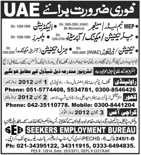 Technical Staff Required by Seekers Employment Bureau