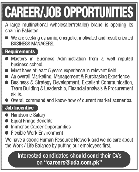 Business Managers Required by a Multinational Wholesaler/Retailer Brand