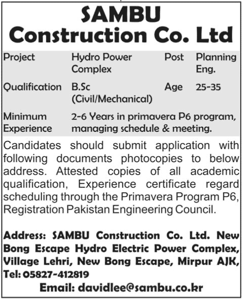 Planning Engineer Required at SAMBU Constructions Co. Ltd