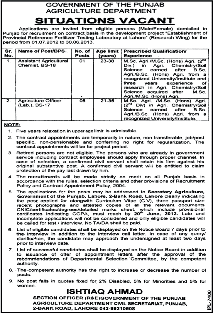 Agricultural Officers Required at Agriculture Department (Government of Punjab)