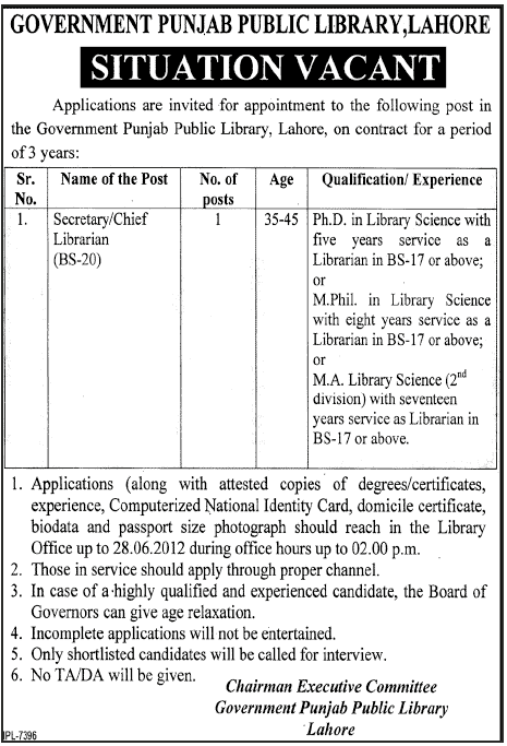 Chief Librarian Required at Government of Punjab Public Library