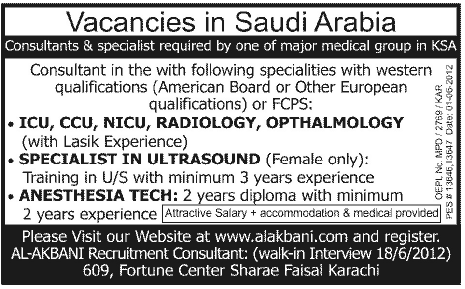 Medical Consultants and Specialists Required for Saudi Arabia