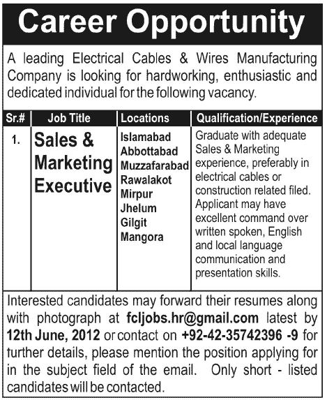 Sales & Marketing Executive Required by Electrical Cables & Wires Manufacturing Company