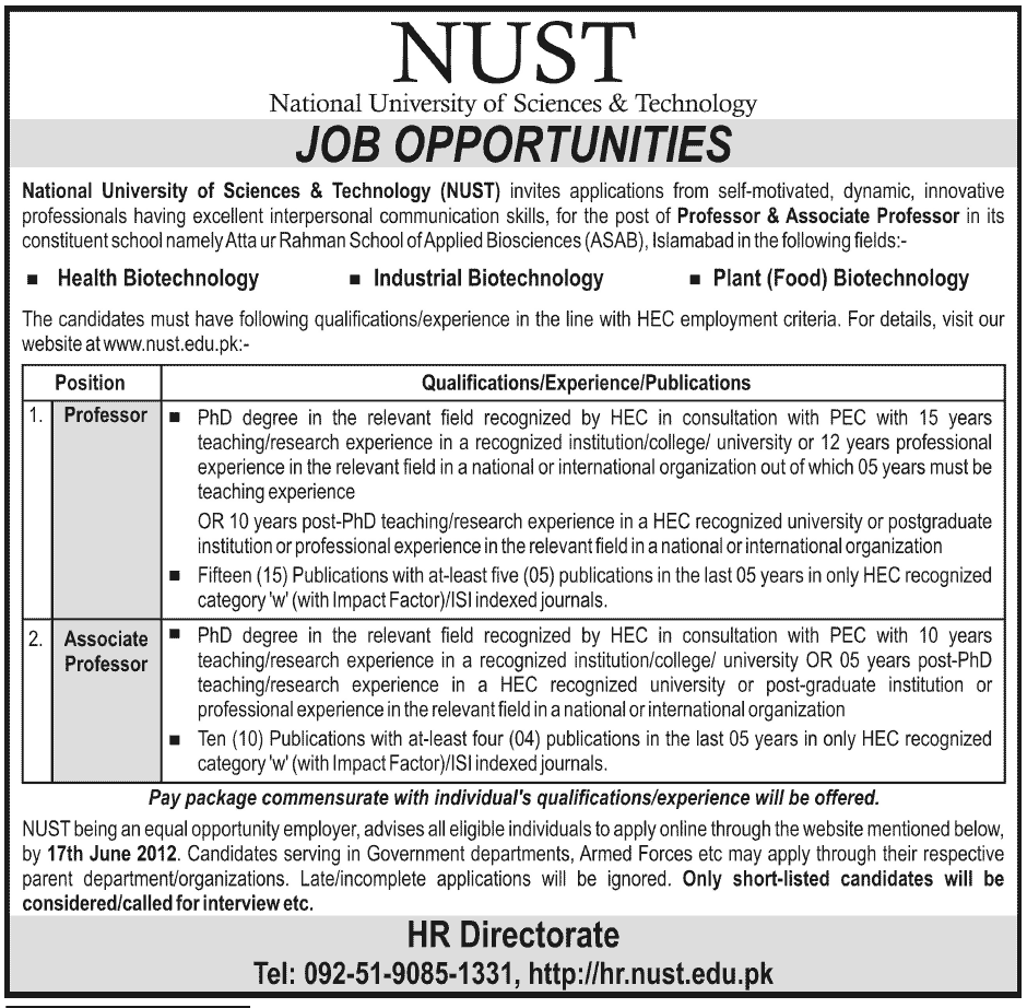 Teaching Faculty Required at National University of Science & Technology (NUST)