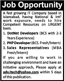 Web Developers and Marketing Staff Required by an IT Company