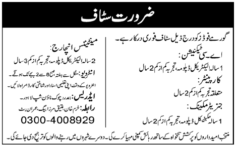 Technical Staff Required at Gourmet Foods