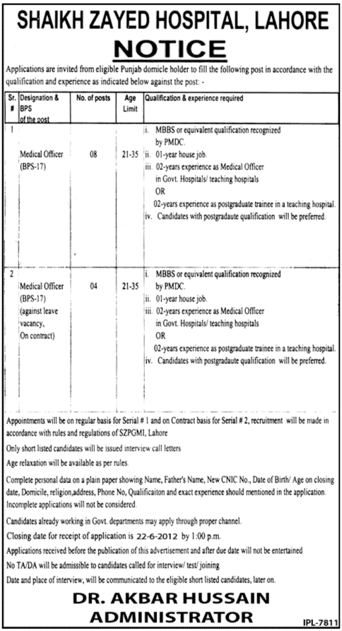 Medical Officers Required at Shaikh Zyed Hospital
