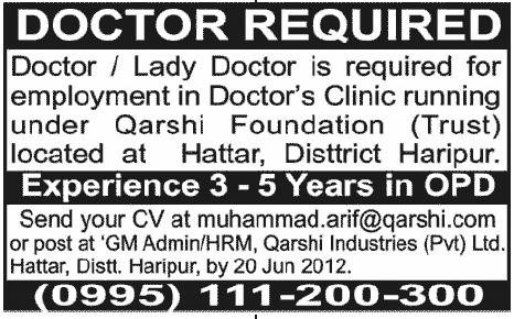 Doctors (Male/Female) Required Under Qarshi Foundation (Trust)