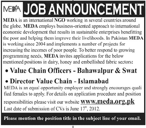 Management Officers Required at MEDA (N.G.O)