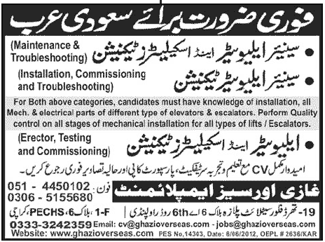 Technicians Required by Ghazi Overseas Employment