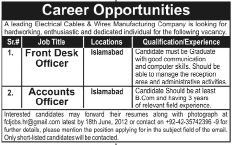 F.D.O and Accounts Officer Required by Electrical Cables & Wires Manufacturing Company