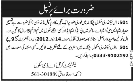Principal Required at 501 Model Secondary School