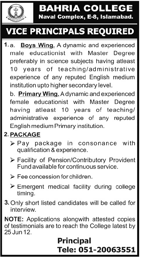 Vice Principal Required at Bahria College (Naval Complex)
