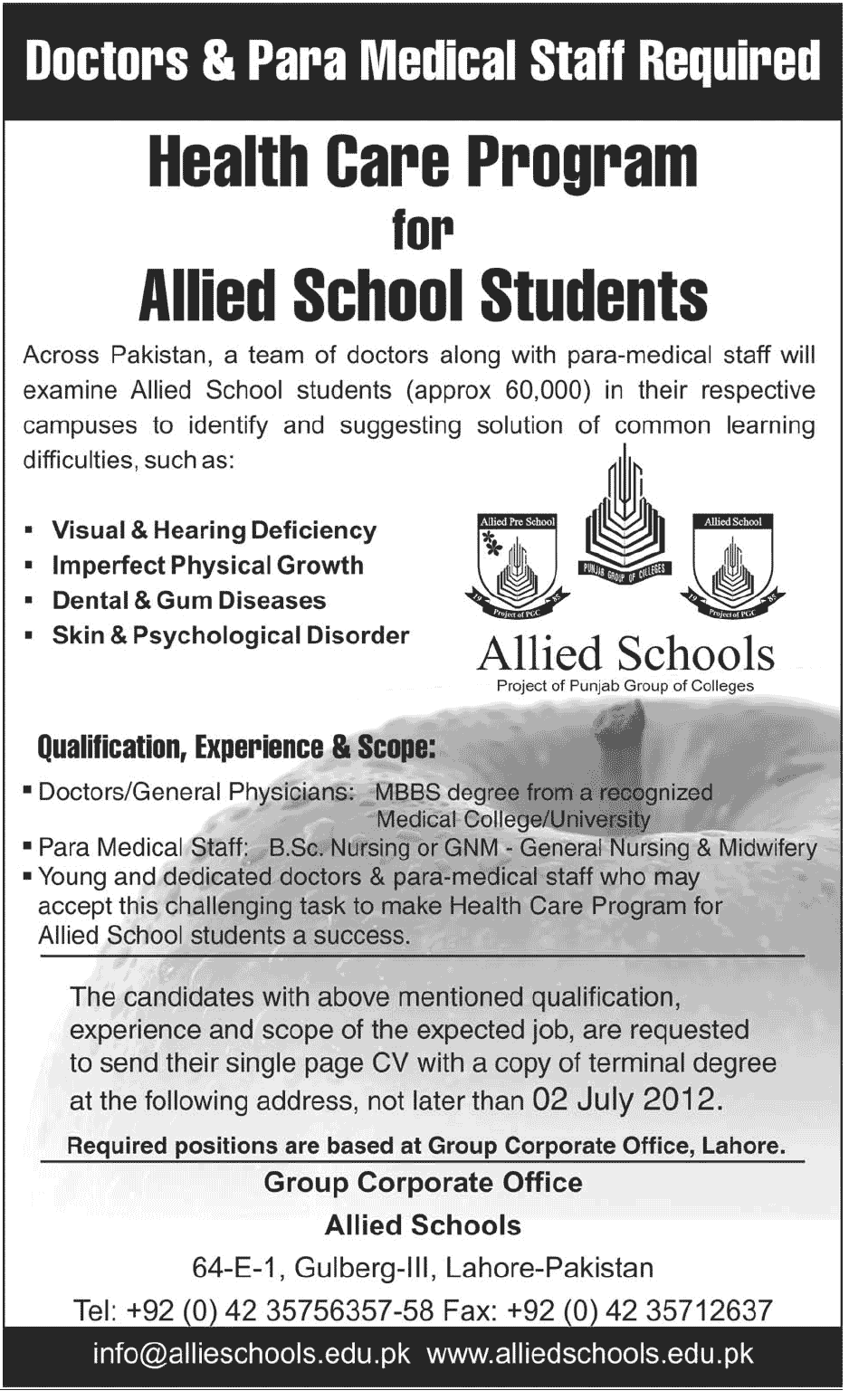 Doctors and Para-Medical Staff Required Under Health Care Program for Allied School Students