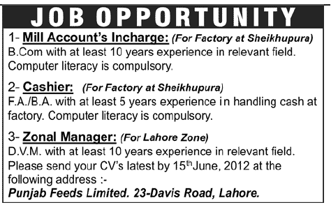 Accounts Staff and Manager Required by a Punjab Feeds Limited