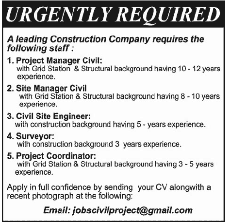Construction Engineers and Surveyor Required at a Leading Construction Company