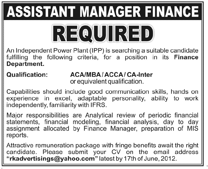 Assistant Manager Finance Required by an Independent Power Plant (IPP)