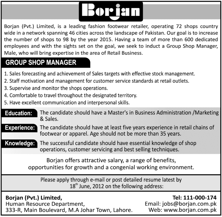 Group Shop Manager Required at Borjan Shoes Company