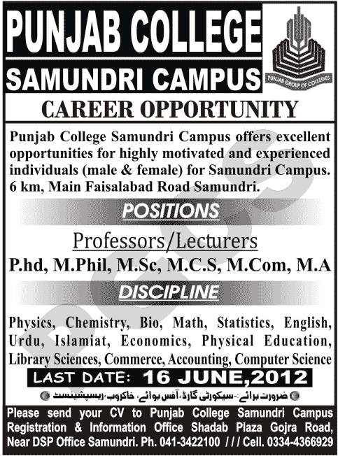 Professor and Lecturers Required at Punjab College