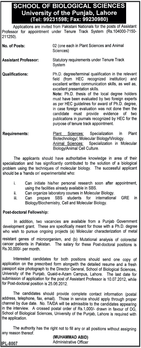Assistant Professor Required at School of Biological Sciences (University of the Punjab)