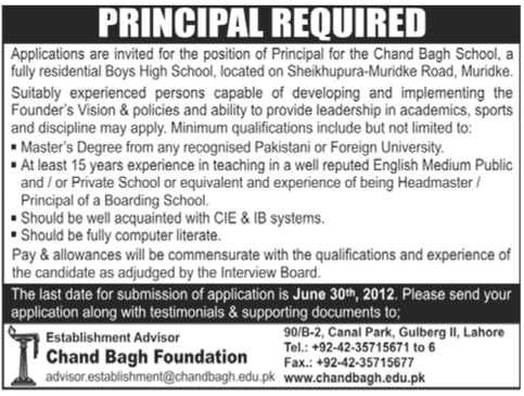 Principal Required at Chand Bagh School