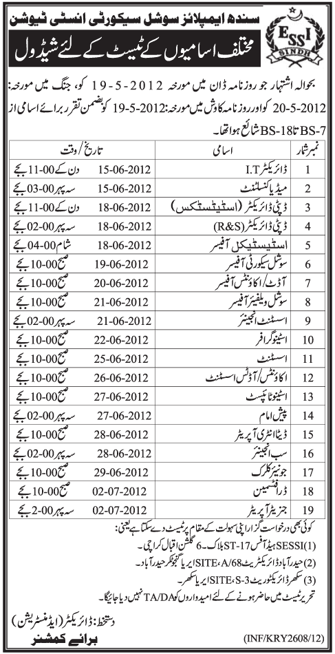Administrative and Technical Jobs at Sindh Employees Social Security Institution (ESSI) (Govt. job)