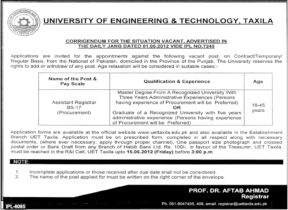 Assistant Registrar Required at UET (University of Engineering & Technology)