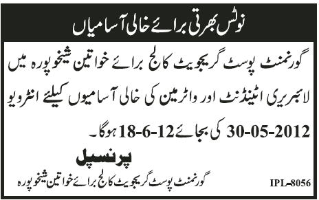 Library Attendent and Water Man Required at Government Post Graduate College for Women