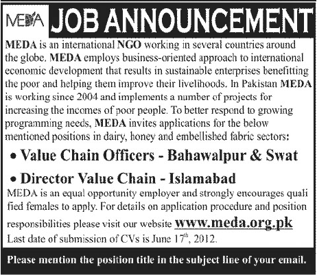 Management Officers Required at MEDA (NGO. job)