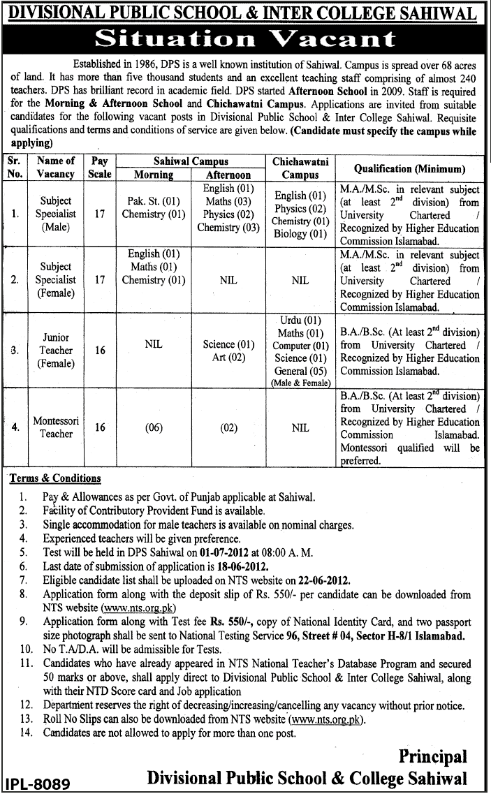 Subject Specialists and Junior Female Teachers Required at Divisional Public School & College (DPS)