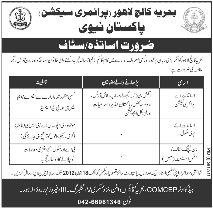 Teaching and Non-Teaching Staff Required at Bahria College (Primary Section)