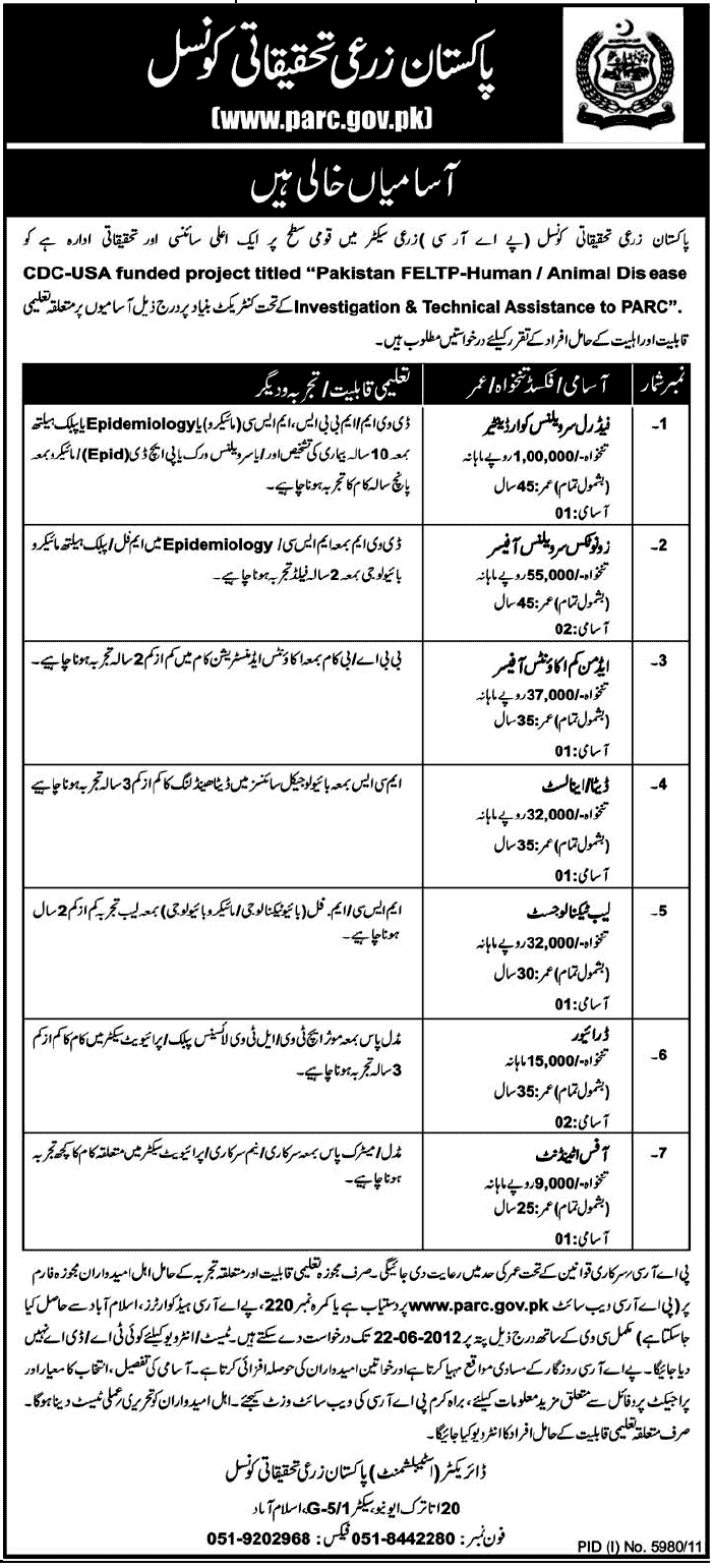 Pakistan Agricultural Research Council (PARC) Required Officers and Technical Staff (Govt. job)