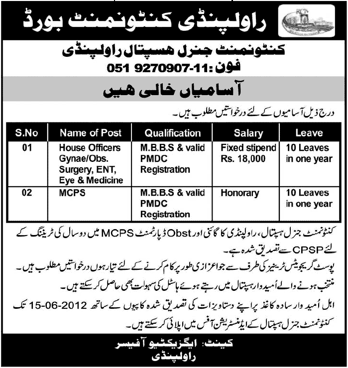 Doctors Required at Cantonment General Hospital