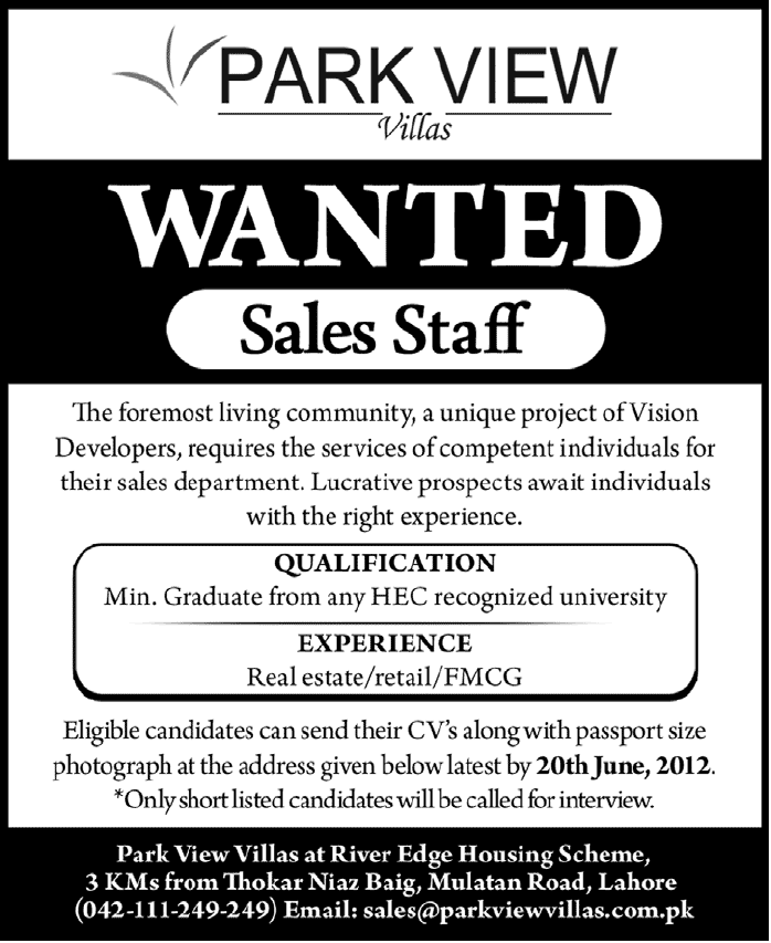 Sales Staff Required Under Project of Vision Developers
