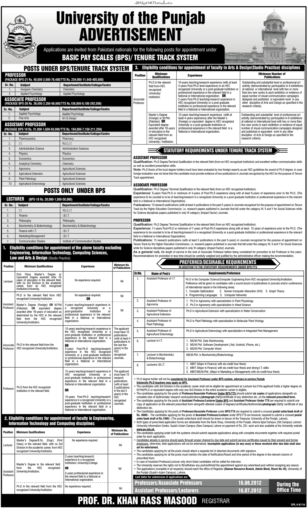Teaching Faculty Required Under BPS (Basic Pay Scale)/ Tenure Track System (TTS) at University of the Punjab (PU)