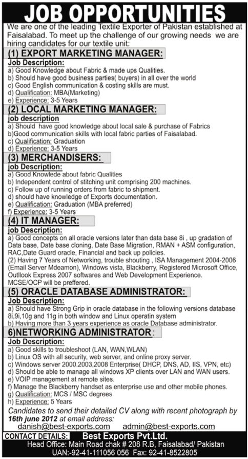 Management and IT Staff Required at a Leading Textile Company
